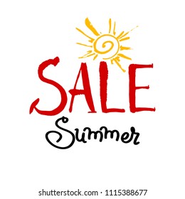 Hand-written Vector illustration with text Summer Sale. Hand-drawn sketch elements yellow sun. Red and black letters on a white background.