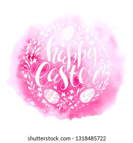 Handwritten vector inscription Happy Easter with hand drawn eggs, bird and willow branches. Pink watercolor background. Doodles sketch. Brush lettering. Modern calligraphy.