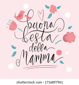 Handwritten vector lettering Buona Festa Della Mamma Happy Mother's day in Italian with birds ornament isolated on white.