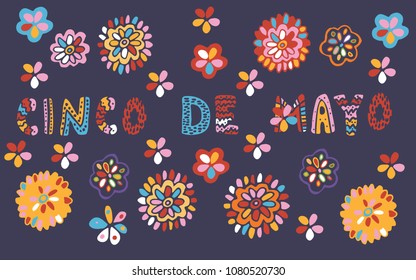 Handwritten vector lettering for Cinco de Mayo 5th May Mexican holiday with flowers ornament in traditional folk style.