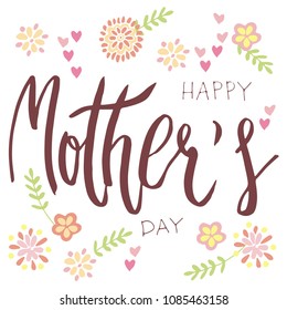 Handwritten vector lettering Happy Mother's day with Scandinavian paper cut style flowers ornament isolated on white.