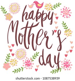 Handwritten vector lettering Happy Mother's day with folk art paper cut style flowers and two small birds ornament isolated on white.