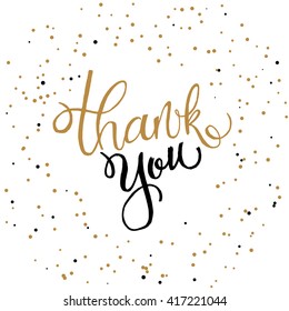 Handwritten Vector Lettering Phrase Thank You. Brush Lettering Calligraphy Style Writing. Whimsical Letters On Golden Confetti Background. Perfect For Thank You Greeting Cards