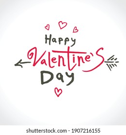 Handwritten vector logo Happy Valentine's Day. Drawn hearts and arrow of cupid and inscription. Vector template. Cute card