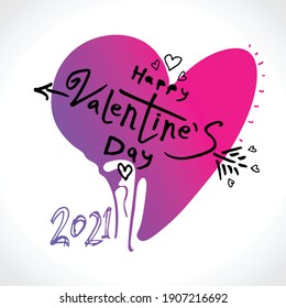 Handwritten vector logo Happy Valentine's Day. Big heart and arrow of cupid and inscription. Vector template. Cute card