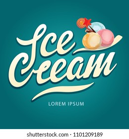 Handwritten vector logo "Ice Cream" can be an element ice cream cafe identity. Suits for signage, advertising banner, packaging design, stickers, menu design.