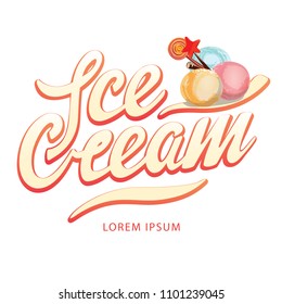 Handwritten vector logo "Ice Cream" can be an element ice cream cafe identity. Suits for signage, advertising banner, packaging design, stickers, menu design.