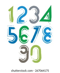 Handwritten vector numbers isolated on white background, painted modern numbers set with white outline.