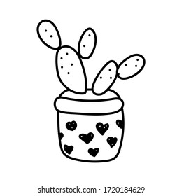 handwritten vector stylized cactus in a pot with hearts on a white background
