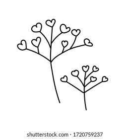 handwritten vector stylized grass with hearts on a white background. hand drawn herbal elements with heart leaves