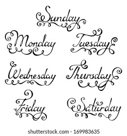 Hand-written vector text. Days of week for your design isolated on white background.EPS 8.