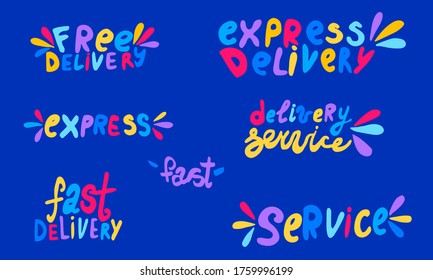 Tipografía de vector manuscrita para el servicio de entrega. Dejar aislado el texto colorido sobre fondo azul. Ilustración dibujada a mano. Colección de inscripciones tipográficas brillantes. Cartel, plantilla de afiches
