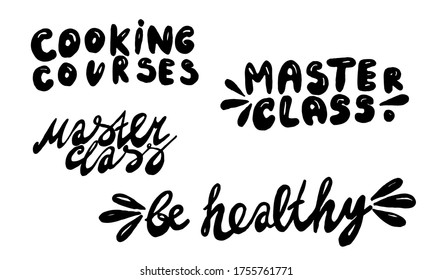 Tipografía vectorial manuscrita para la clase maestra de cocina en línea. Texto con letras aisladas. Ilustración dibujada a mano. Colección de inscripciones tipográficas monocromáticas. Cartel, plantilla de afiches