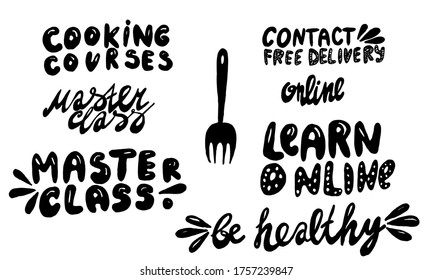 Handwritten vector typography for online cooking master class. Isolated lettering text. Hand drawn illustration. Collection of monochrome typographic inscriptions. Banner, poster template