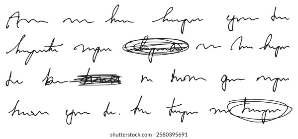 Handwritten vector unreadable words. Cursive small lettering. Unreadable poetry seamless pattern. Doodle illustration of unreadable text on a white background.	
