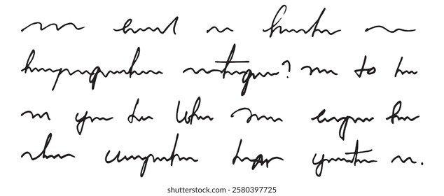 Handwritten vector unreadable words. Cursive small lettering. Unreadable poetry seamless pattern. Doodle illustration of unreadable text on a white background.