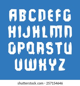 Handwritten vector white uppercase letters isolated on blue background, painted modern typeset.