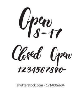 Handwritten vector word "Open-Closed". Calligraphic brush modern lettering. Isolated on white background. Overlay text for shop door, logo, poster, banner, invitation, blog, billboard.