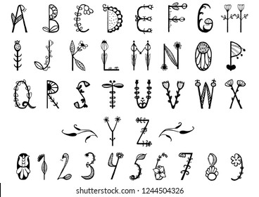 Handwritten, vegetable alphabet and numbers in the Scandinavian style. Black and white vector illustration. For your design of cards, advertising, banners, sites, for printing.