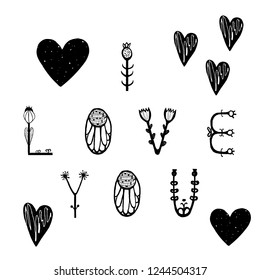 Handwritten, vegetable lettering in the Scandinavian style: "I love you." Black and white vector illustration.