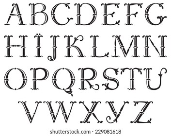 Handwritten Vintage Alphabet. Vector Set Of Ornate Alphabet At Retro Style