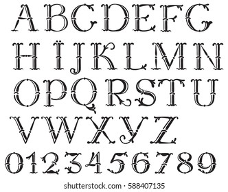 Handwritten Vintage Alphabet. Vector Set Of Ornate Letters And Figures At Retro Style