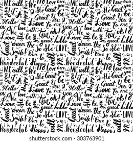 Handwritten vintage ink words vector seamless pattern with drops. Black lettering.
