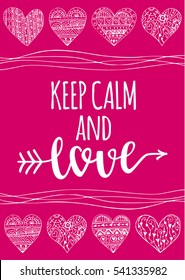 Handwritten vintage lettering romantic quote. Vector illustration on pink background with decorative doodle hearts for greeting card Valentine's day or wedding, poster or leaflet.