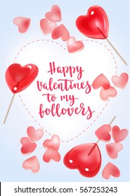 Handwritten vintage lettering romantic quote. Vector illustration on blue background with decorative sweet candy hearts and red lollipops for greeting card Valentine's day, wedding, poster or leaflet.