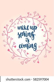 Handwritten vintage lettering spring quote. Vector illustration on light pink background with decorative floral hand drawing frame for greeting card, poster or leaflet.