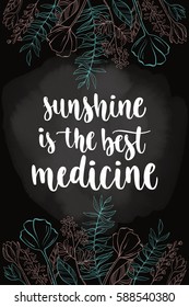 Handwritten vintage lettering spring quote. Vector illustration on dark chalkboard background with decorative floral hand drawing frame for greeting card, poster or leaflet.