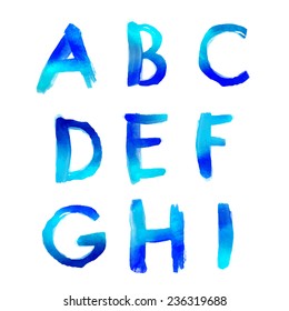 Handwritten watercolor alphabet isolated on white. Blue color.
