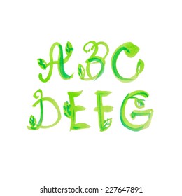 Handwritten watercolor alphabet with leaves. Vector