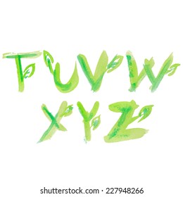 Handwritten watercolor alphabet with leaves. Vector