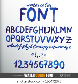 Handwritten watercolor alphabet  with numbers and symbols.  Vector Illustration.