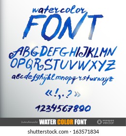 Handwritten watercolor alphabet with numbers and symbols.  Vector Illustration.