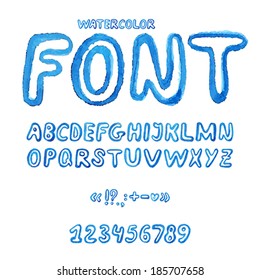Handwritten watercolor alphabet with numbers and symbols.  Vector Illustration.
