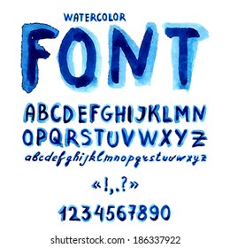 Handwritten watercolor alphabet with numbers and symbols.  Vector Illustration.