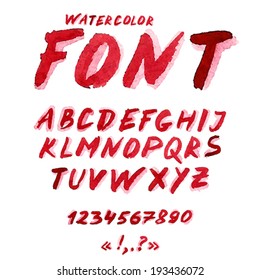 Handwritten watercolor alphabet with numbers and symbols.  Vector Illustration. 