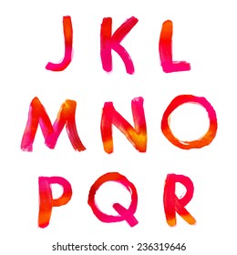 Handwritten watercolor alphabet in red colors isolated on white
