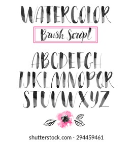 Handwritten watercolor calligraphic font. Modern brush lettering. Hand drawn alphabet. Abstract hand painted flowers.