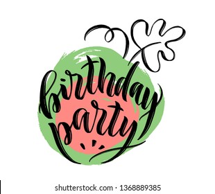 Handwritten watermelon vector lettering for birthday party. Lettering and calligraphy for poster, background, postcard, banner, window. Print on cup, bag, shirt, package, balloon

