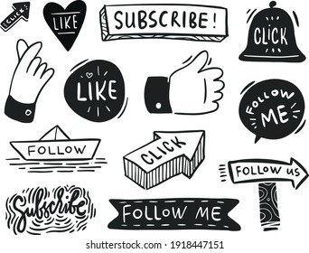 Handwritten web vector icon buttons set. Subscribe, like, follow me, follow us, click.