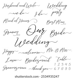 Handwritten Wedding vector set,  Black calligraphy wedding vector set, Bride vector, Team Bride