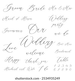 Handwritten Wedding vector set,  Black calligraphy wedding vector set, Bride vector, Team Bride