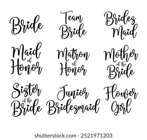 Handwritten Wedding words vector,  Black calligraphy wedding text, Bride vector, Team Bride