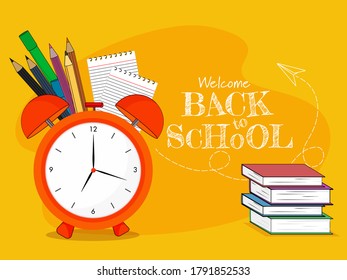 Handwritten Welcome Back To School Text with Education Supplies Elements on Orange Background.