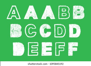 handwritten white bold chalk letter a, b, c, d, e, f on green background, hand-drawn chalk font, back to school concept, stock vector illustration