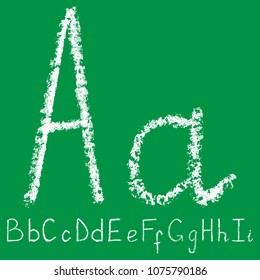 handwritten white chalk letter with transparent layers on green background, hand-drawn chalk font, back to school concept, stock vector illustration