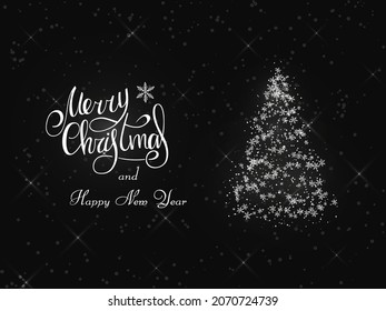 Handwritten white lettering on a dark graybackground. Magic white lush Christmas tree of snowflakes and snowstorms. Merry Christmas and Happy New Year 2022.